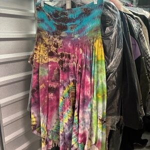 Boho Tie Dyed Strapless Asymmetrical Mini Dress Cotton Colorful Blue Green Pink